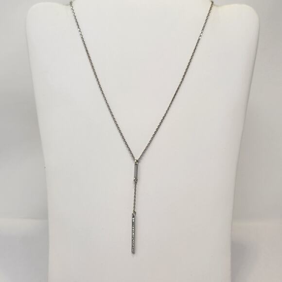Kenneth Cole Silver Tone Y Drop Chain Necklace Clear Crystal Bar Minimalist - Picture 1 of 6